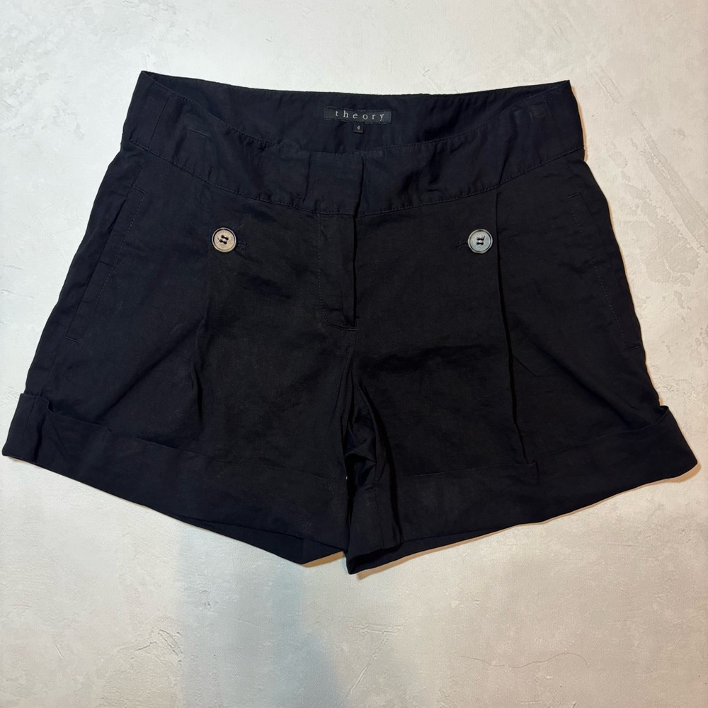 Theory Black High-Waist Cuffed Shorts, linen blend, size 4